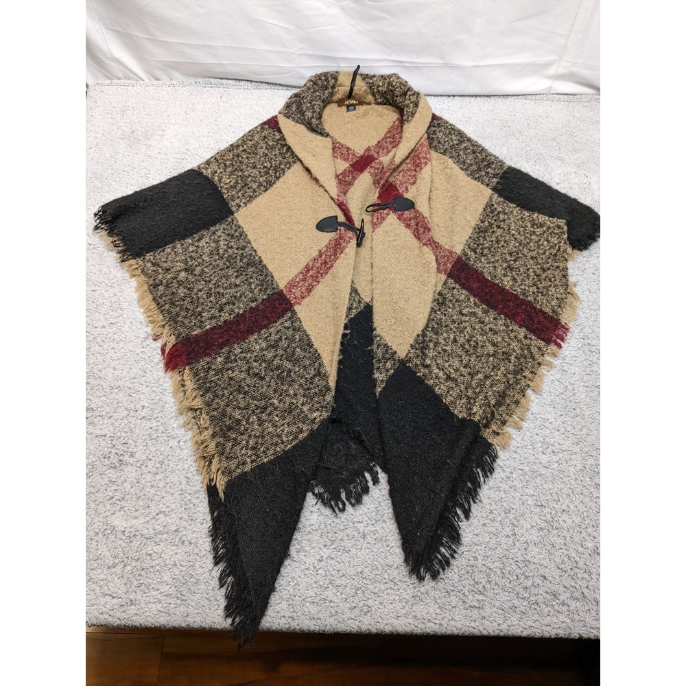 Altare Multicolor Plaid‎ Poncho Shawl Fringe Cardigan Sweater Womens One Size